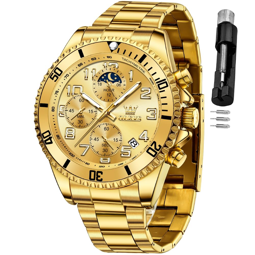 Reloj Olevs Gold Chronograph Moon Phase De Acero Inoxidable Para Hombre - Venta Internacional.