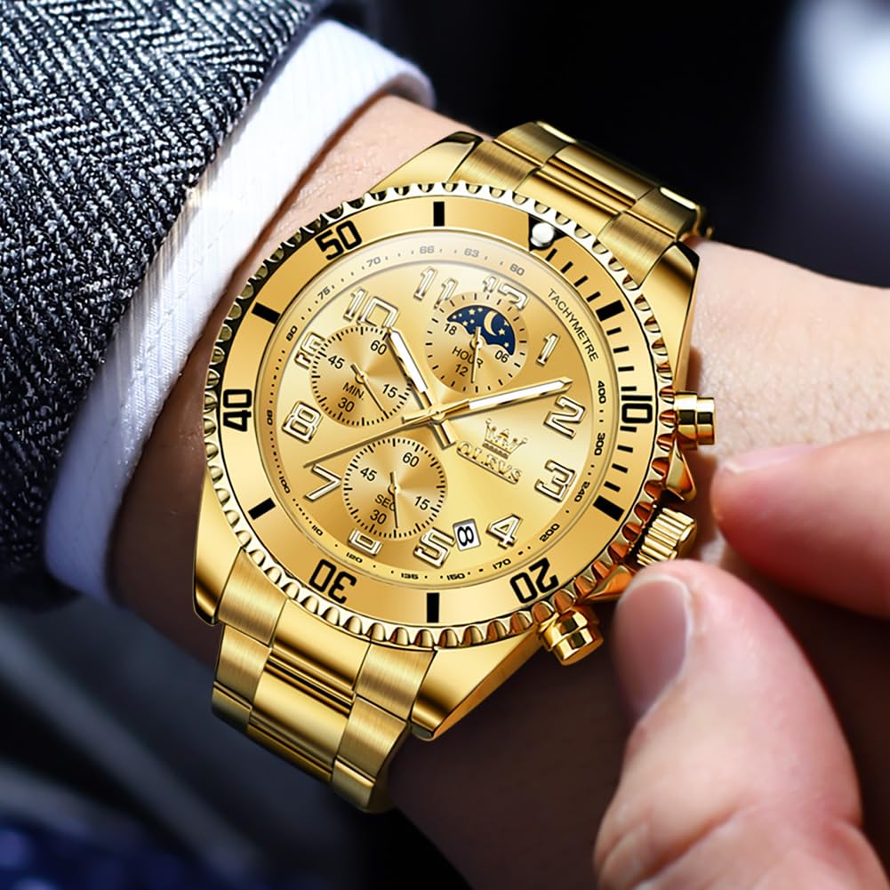 Foto 3 pulgar | Reloj Olevs Gold Chronograph Moon Phase De Acero Inoxidable Para Hombre - Venta Internacional.
