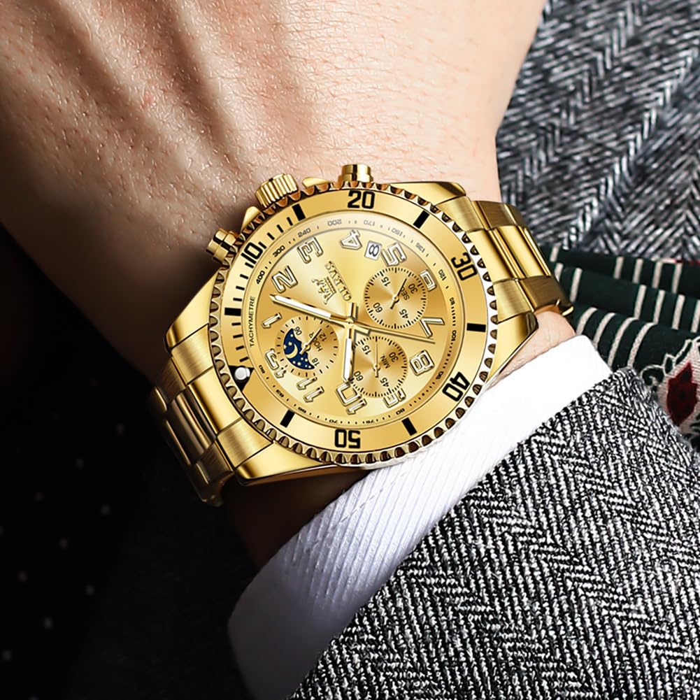 Foto 4 pulgar | Reloj Olevs Gold Chronograph Moon Phase De Acero Inoxidable Para Hombre - Venta Internacional.