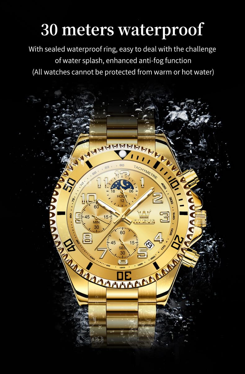 Foto 5 pulgar | Reloj Olevs Gold Chronograph Moon Phase De Acero Inoxidable Para Hombre - Venta Internacional.