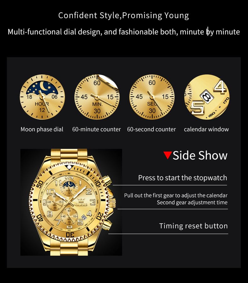 Foto 6 pulgar | Reloj Olevs Gold Chronograph Moon Phase De Acero Inoxidable Para Hombre - Venta Internacional.