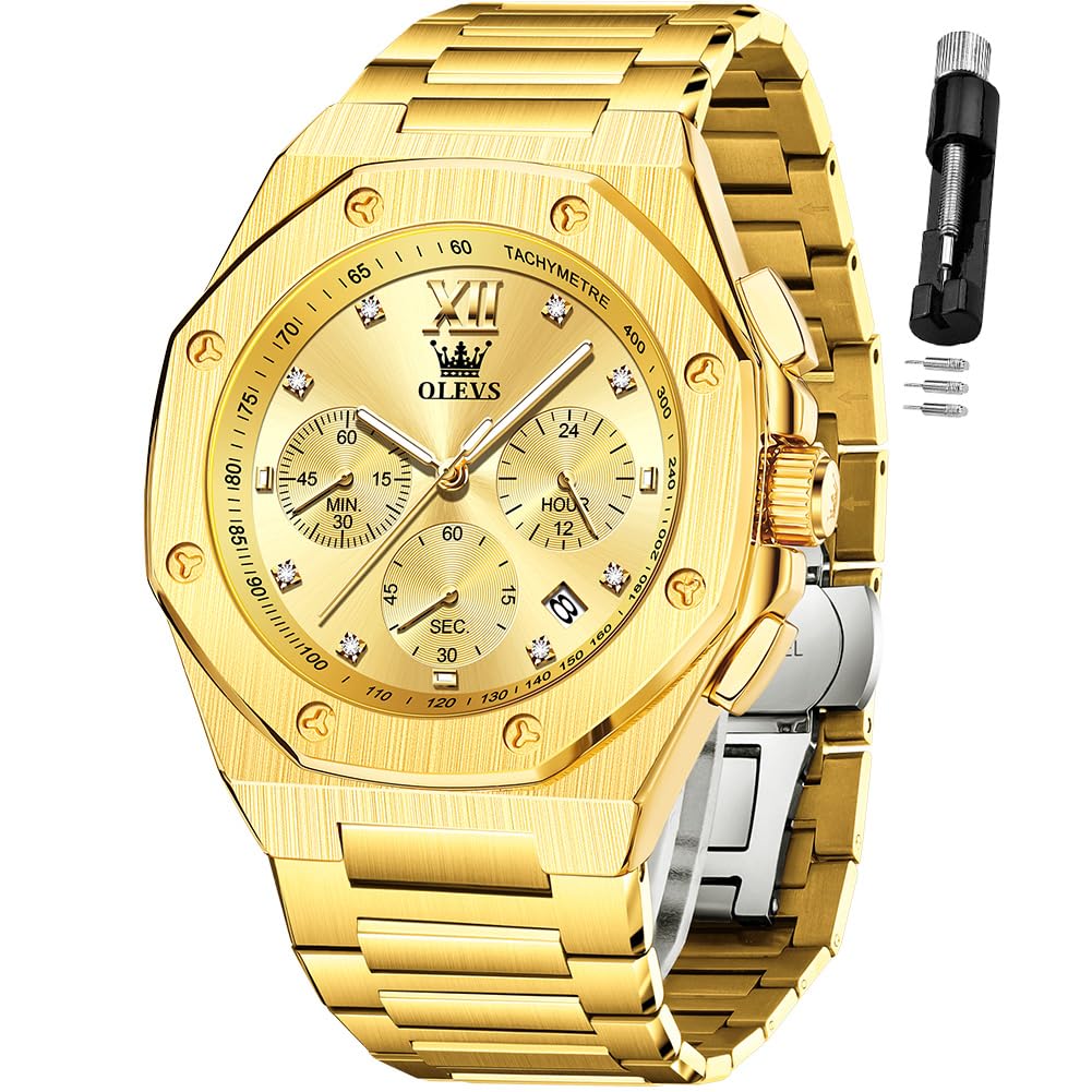 Reloj Olevs Gold Chronograph De Acero Inoxidable De 42 Mm Para Hombre - Venta Internacional.