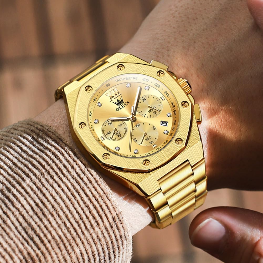 Foto 3 pulgar | Reloj Olevs Gold Chronograph De Acero Inoxidable De 42 Mm Para Hombre - Venta Internacional.