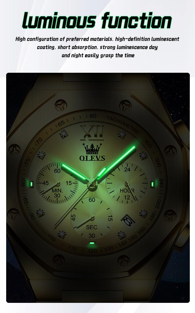 Foto 5 pulgar | Reloj Olevs Gold Chronograph De Acero Inoxidable De 42 Mm Para Hombre - Venta Internacional.