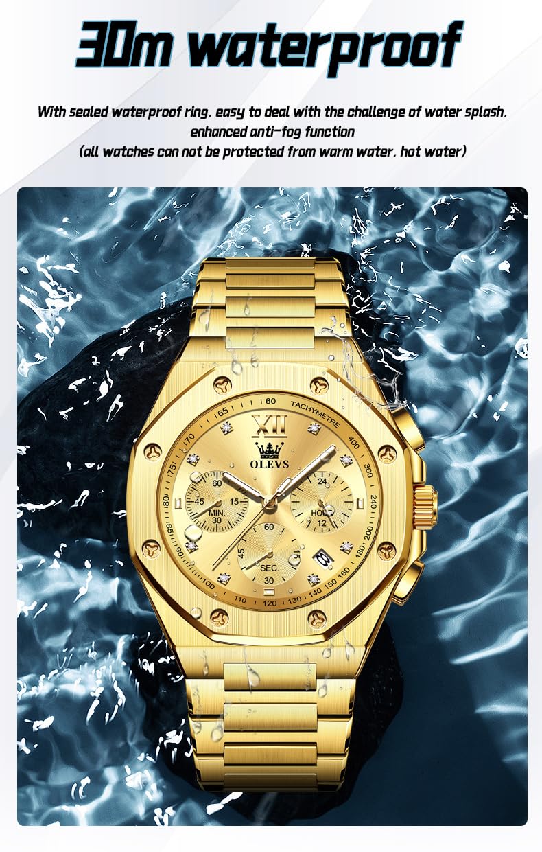 Foto 6 pulgar | Reloj Olevs Gold Chronograph De Acero Inoxidable De 42 Mm Para Hombre - Venta Internacional.