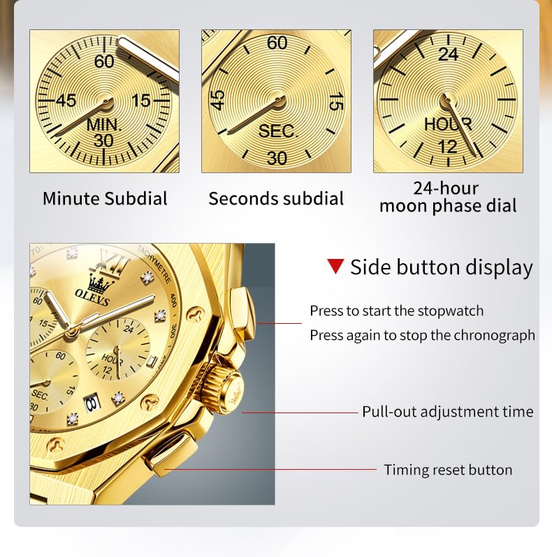Foto 7 pulgar | Reloj Olevs Gold Chronograph De Acero Inoxidable De 42 Mm Para Hombre - Venta Internacional.