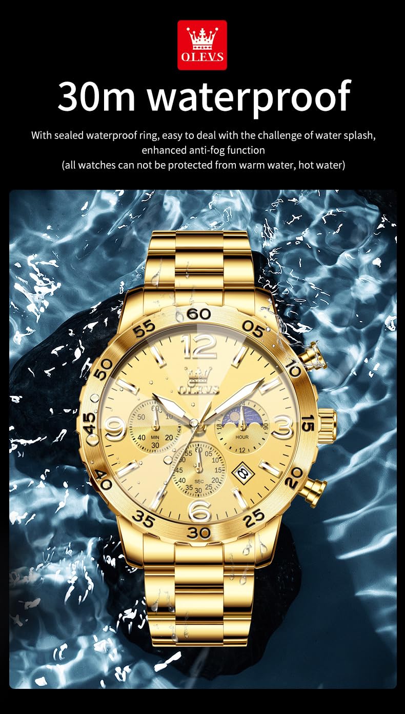 Foto 4 pulgar | Reloj Olevs Gold Chronograph De Acero Inoxidable Para Hombre - Venta Internacional.