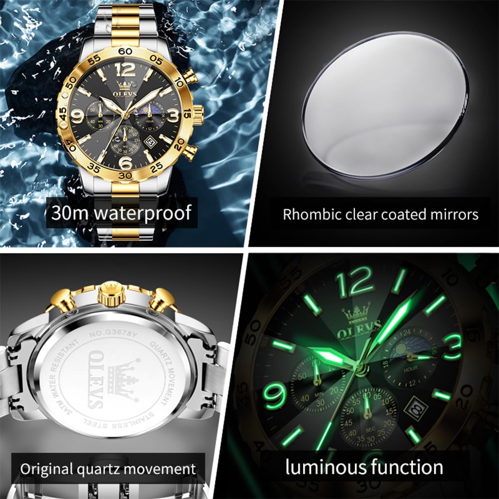 Foto 4 pulgar | Reloj Olevs Moon Phase De Acero Inoxidable Negro Para Hombre - Venta Internacional.