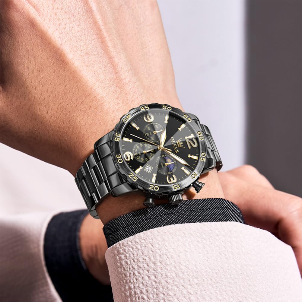 Foto 3 pulgar | Reloj Olevs Black Moon Phase Impermeable Para Hombre Con Funda De 44 Mm - Venta Internacional.