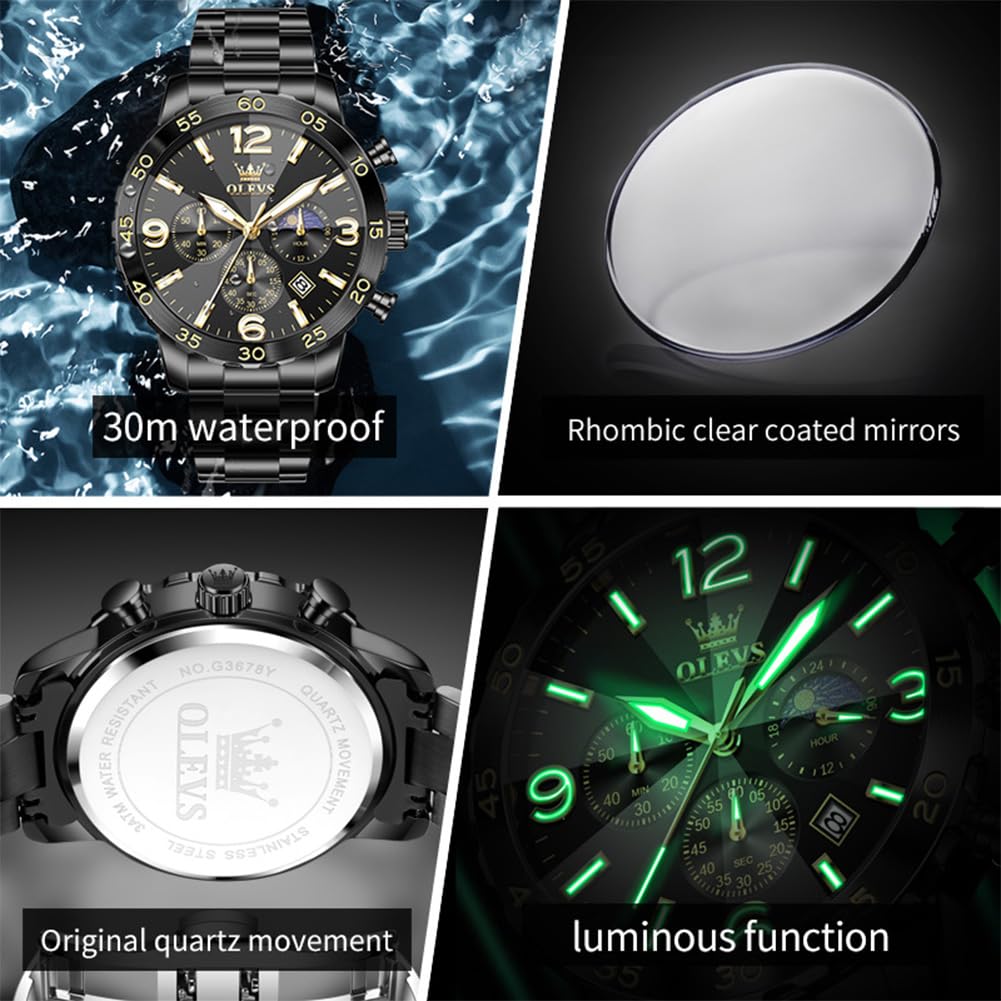 Foto 4 pulgar | Reloj Olevs Black Moon Phase Impermeable Para Hombre Con Funda De 44 Mm - Venta Internacional.