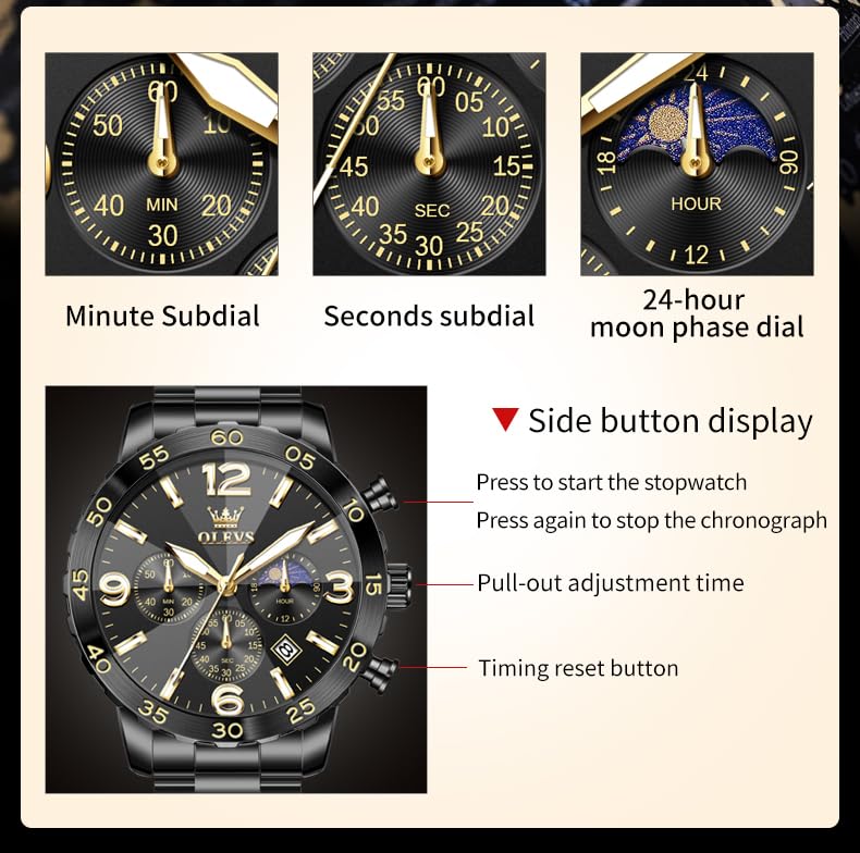 Foto 6 pulgar | Reloj Olevs Black Moon Phase Impermeable Para Hombre Con Funda De 44 Mm - Venta Internacional.