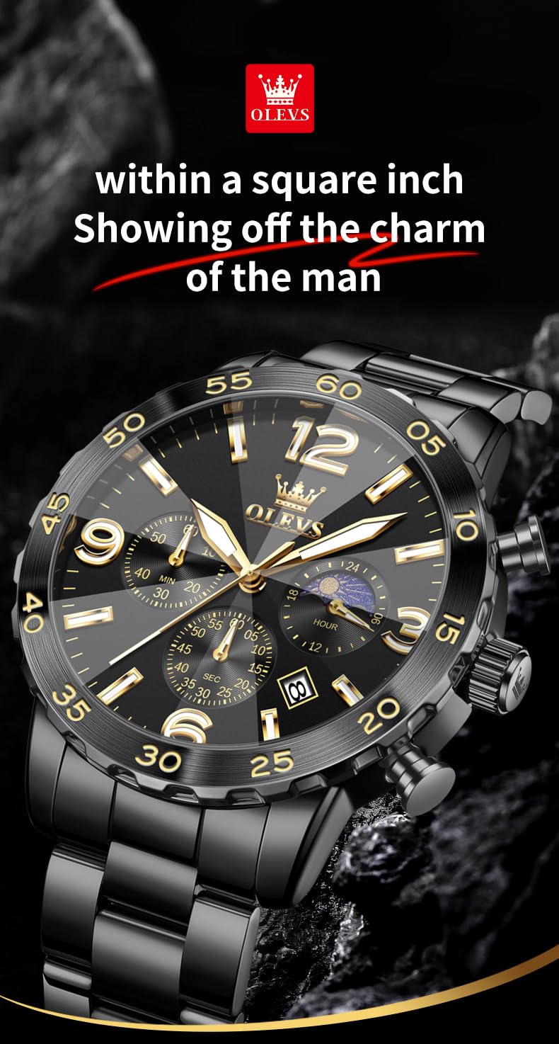 Foto 7 pulgar | Reloj Olevs Black Moon Phase Impermeable Para Hombre Con Funda De 44 Mm - Venta Internacional.