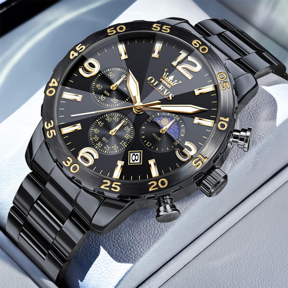 Foto 8 pulgar | Reloj Olevs Black Moon Phase Impermeable Para Hombre Con Funda De 44 Mm - Venta Internacional.