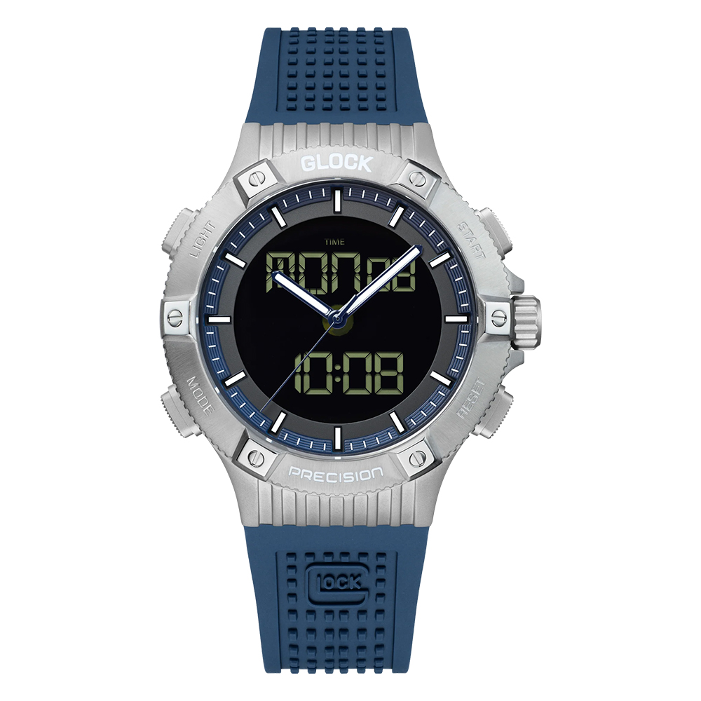 Reloj Glock Precision Para Hombre, Carcasa De Acero Plateado Y Silicona Azul - Venta Internacional.