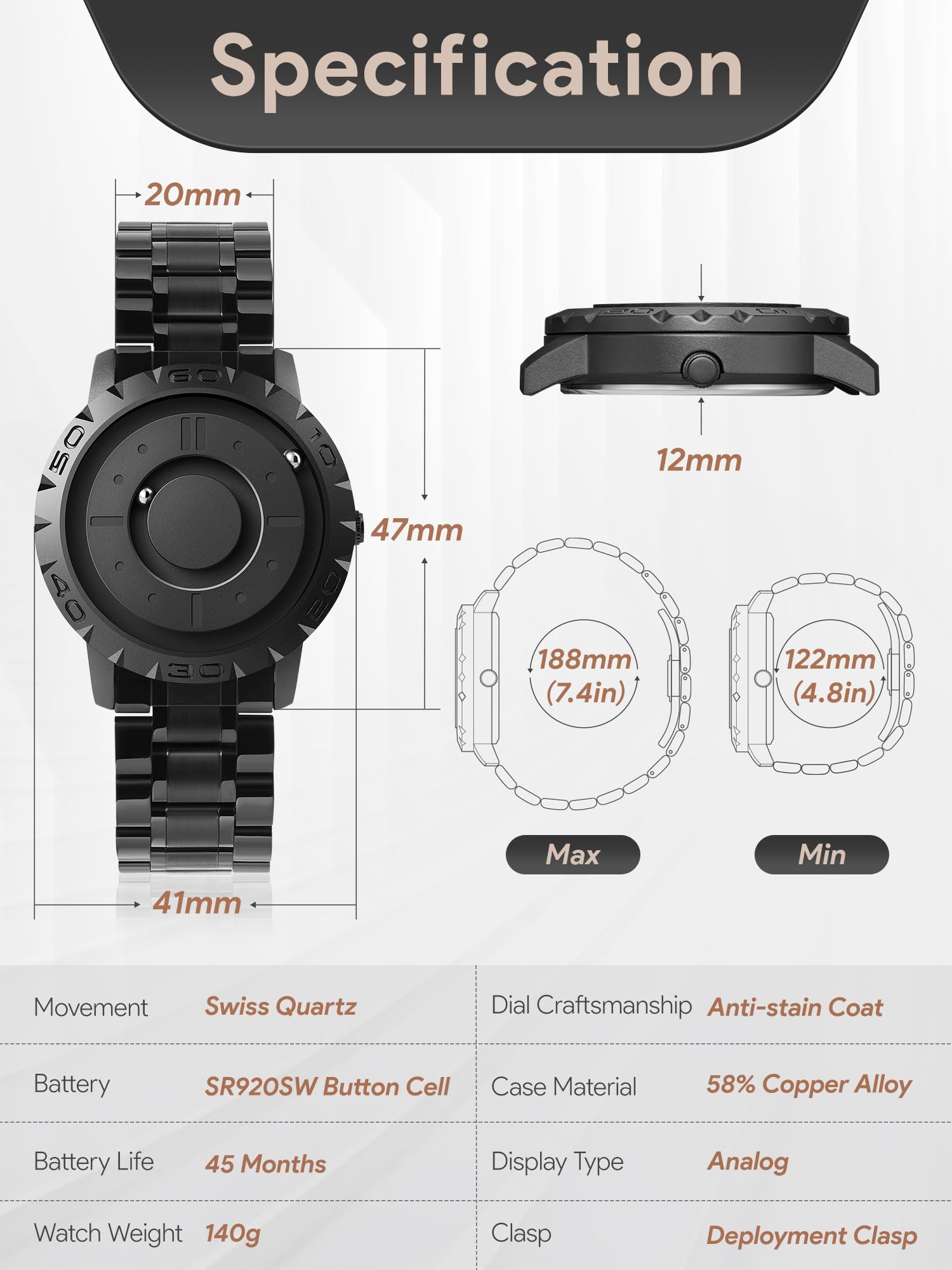 Foto 5 pulgar | Reloj Eutour Magnetic 3d Pvd De Cuarzo Suizo Impermeable Para Hombre - Venta Internacional.