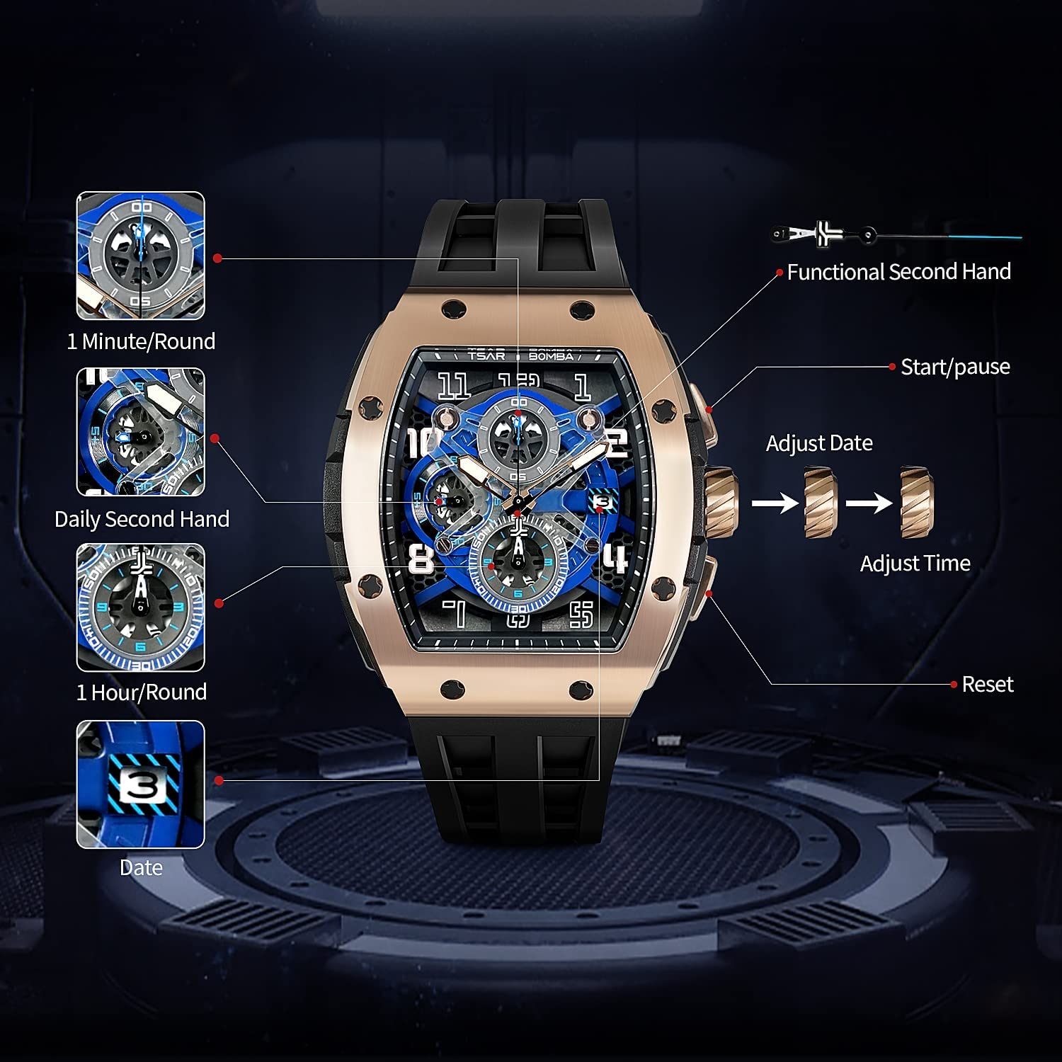 Foto 6 pulgar | Reloj Tsar Bomba Tonneau Luxury Waterproof 50 M Para Hombre 8211-gold - Venta Internacional.