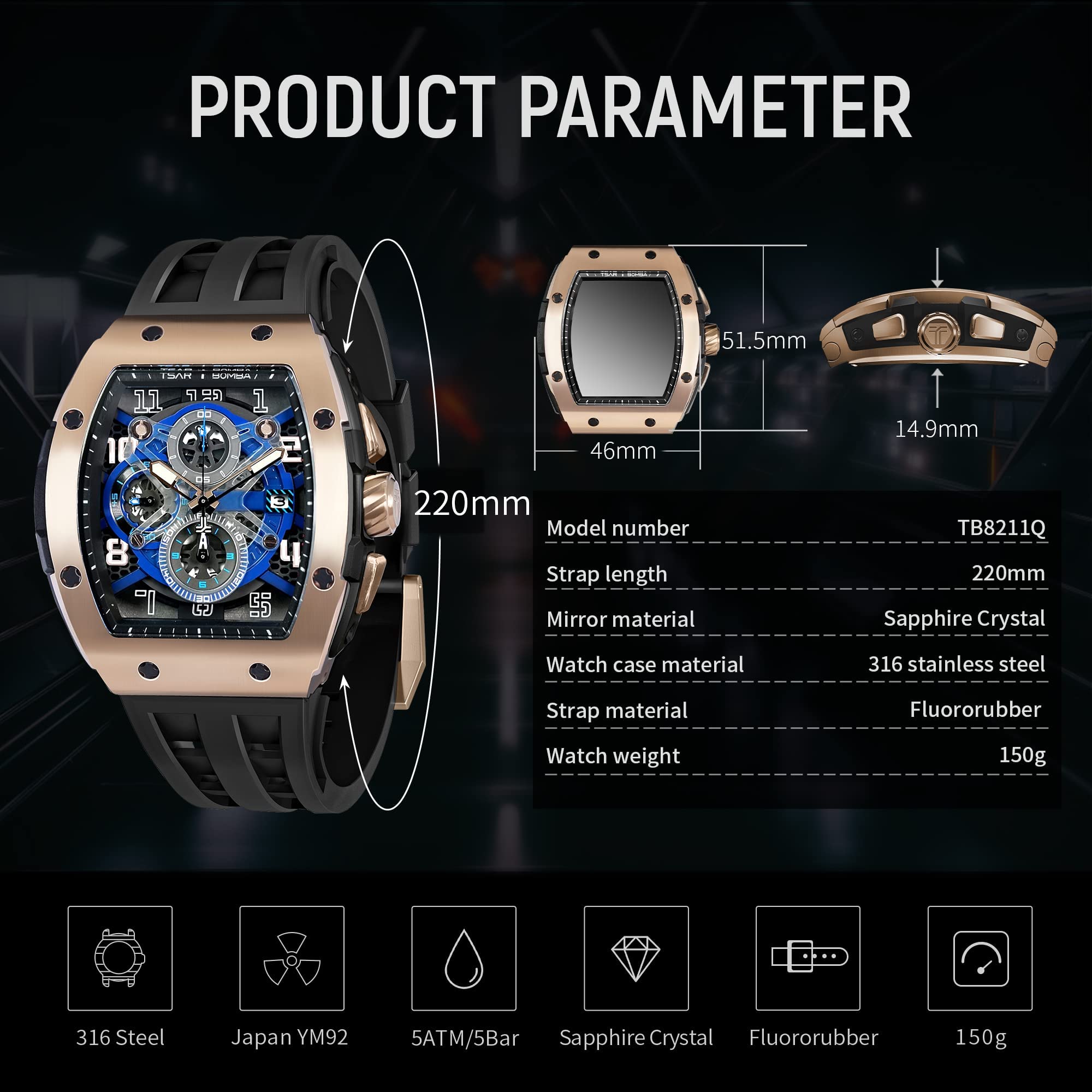 Foto 7 pulgar | Reloj Tsar Bomba Tonneau Luxury Waterproof 50 M Para Hombre 8211-gold - Venta Internacional.