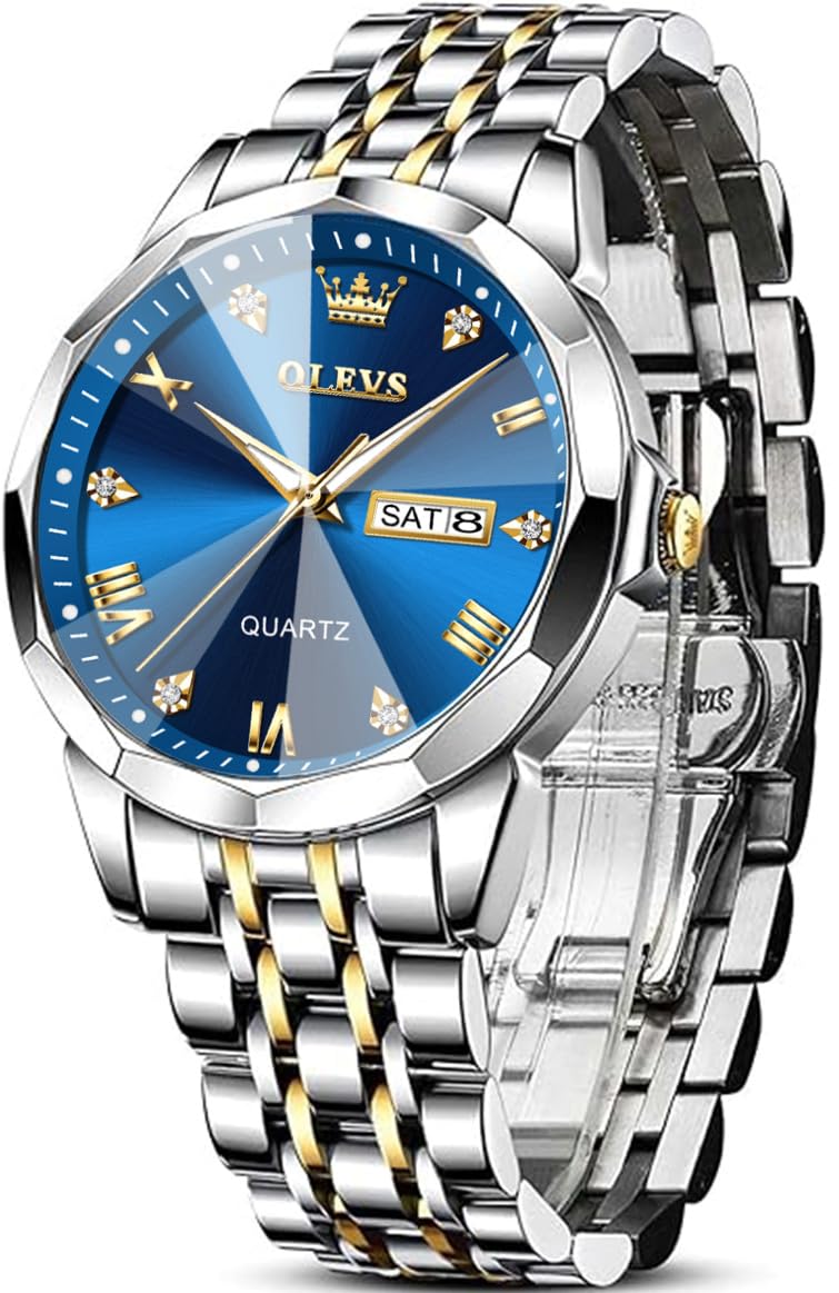 Reloj Olevs Azul Plateado Y Dorado Para Hombre De Acero Inoxidable - Venta Internacional.