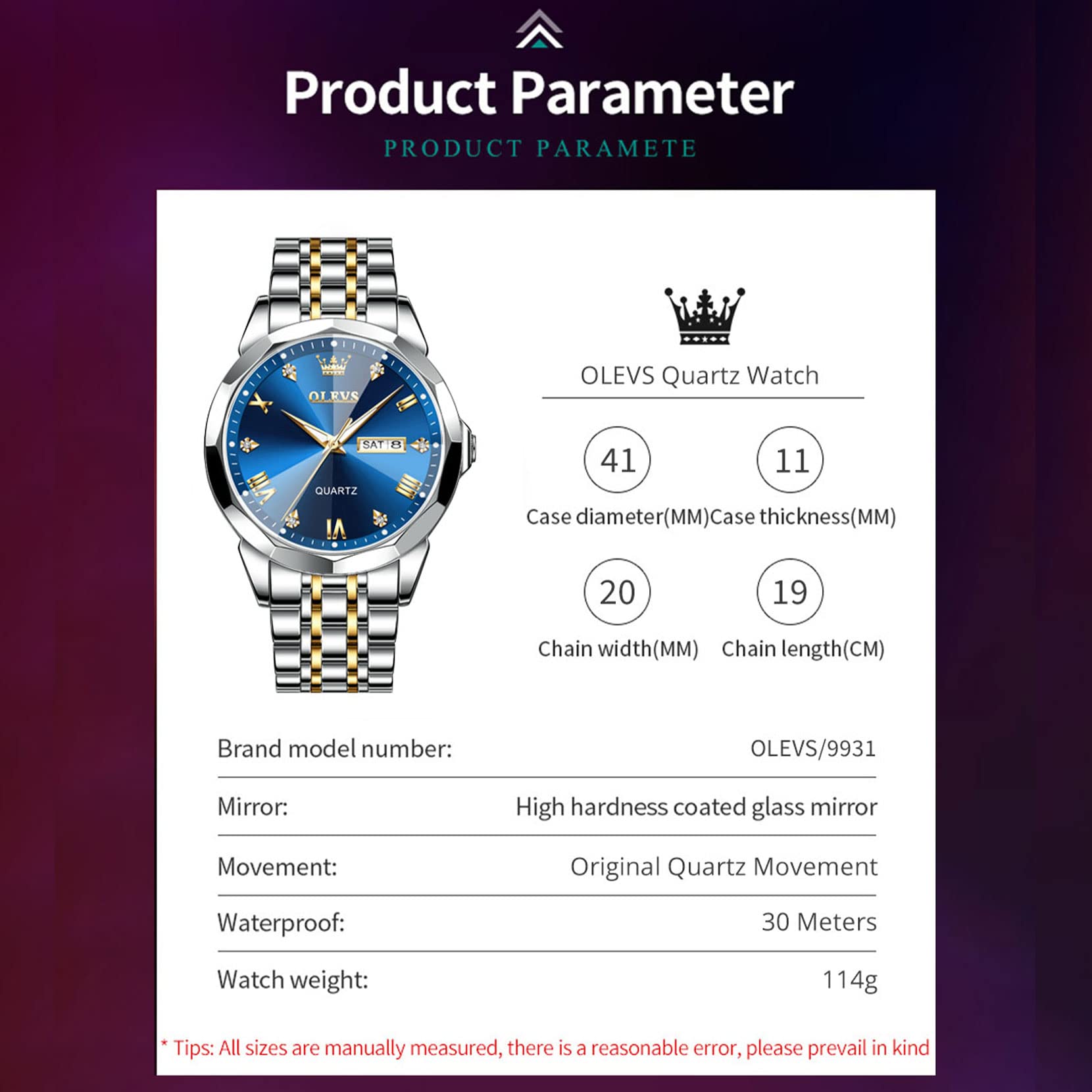 Foto 5 pulgar | Reloj Olevs Azul Plateado Y Dorado Para Hombre De Acero Inoxidable - Venta Internacional.