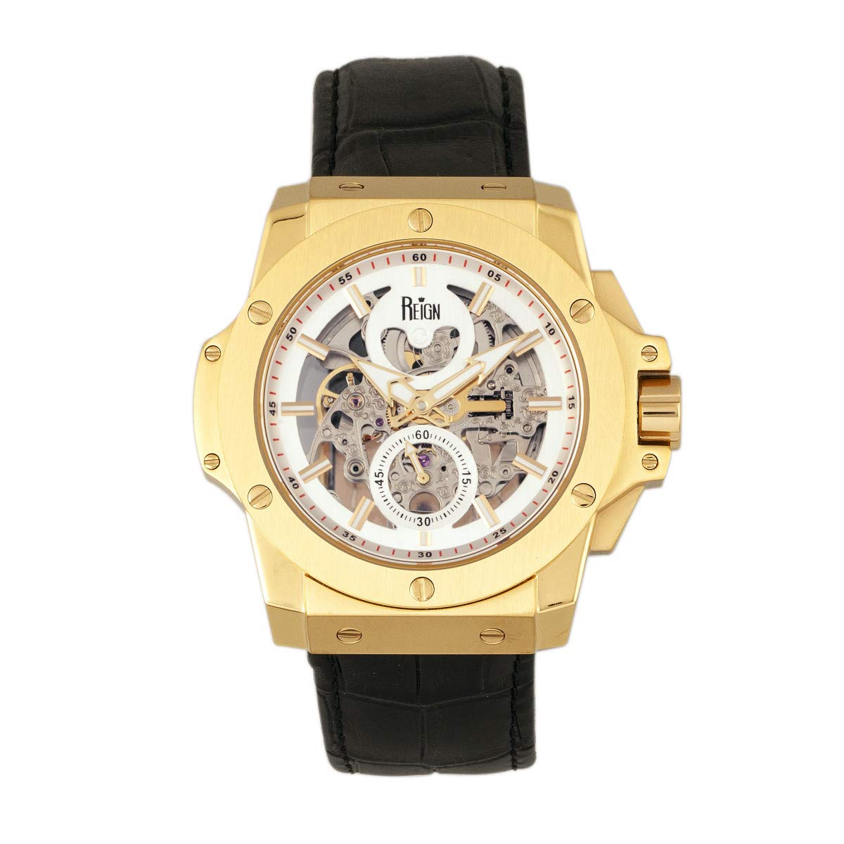 Reloj Reign Commodus Automatic Skeleton - Correa De Piel Dorada - Venta Internacional.