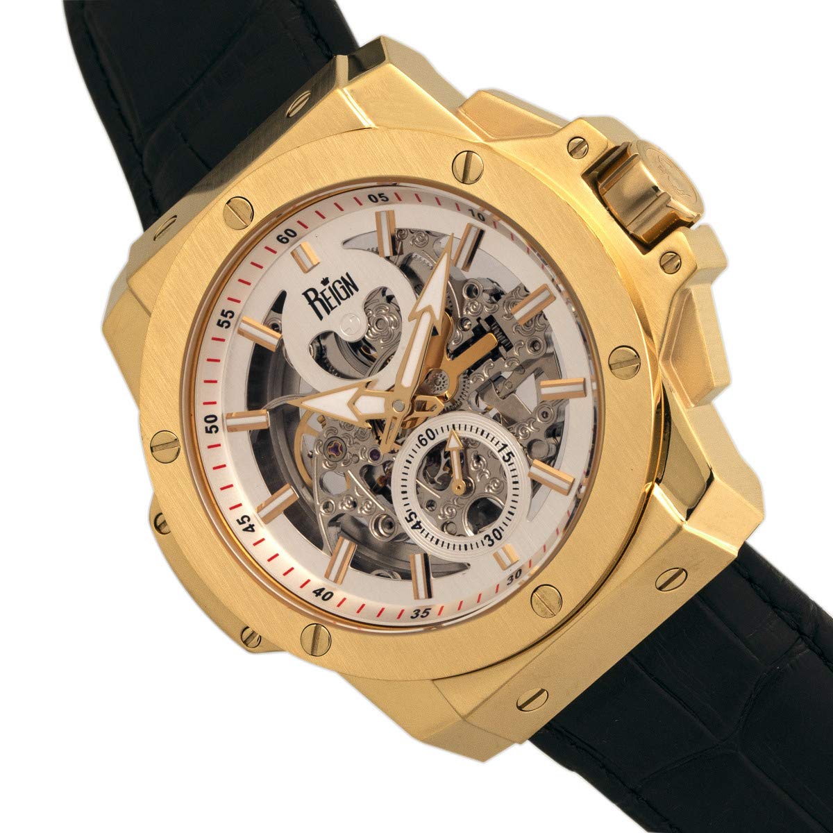 Foto 4 pulgar | Reloj Reign Commodus Automatic Skeleton - Correa De Piel Dorada - Venta Internacional.