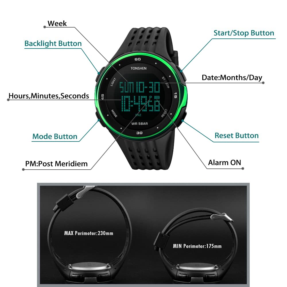 Foto 5 pulgar | Venta Internacional - Reloj Deportivo Tonshen Outdoor Digital Led Impermeable (verde)