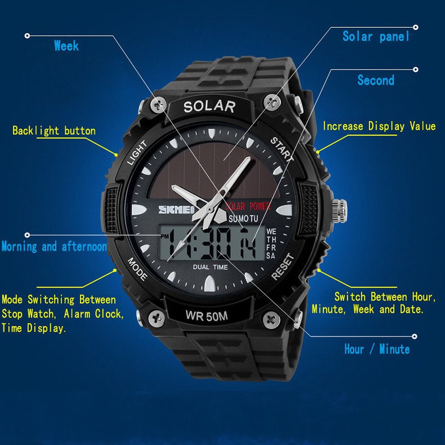 Foto 5 pulgar | Venta Internacional - Reloj Mastop Solar Energy Led Luminoso, 2 Zonas Horarias, 30 M