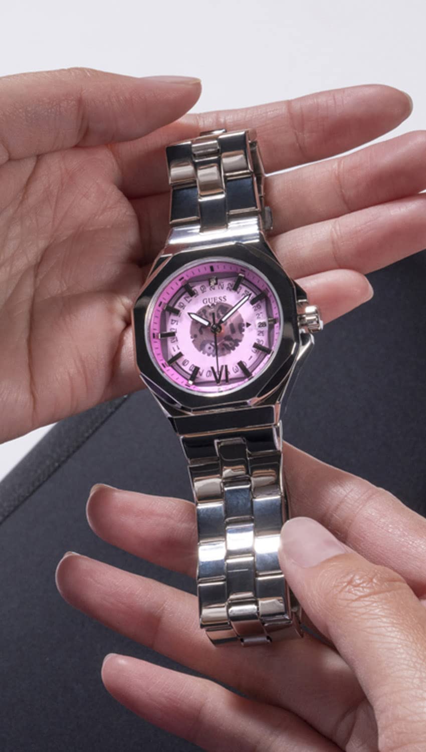 Foto 3 pulgar | Reloj Guess Para Mujer, Correa Plateada, Esfera Rosa, Caja De 34 Mm - Venta Internacional.