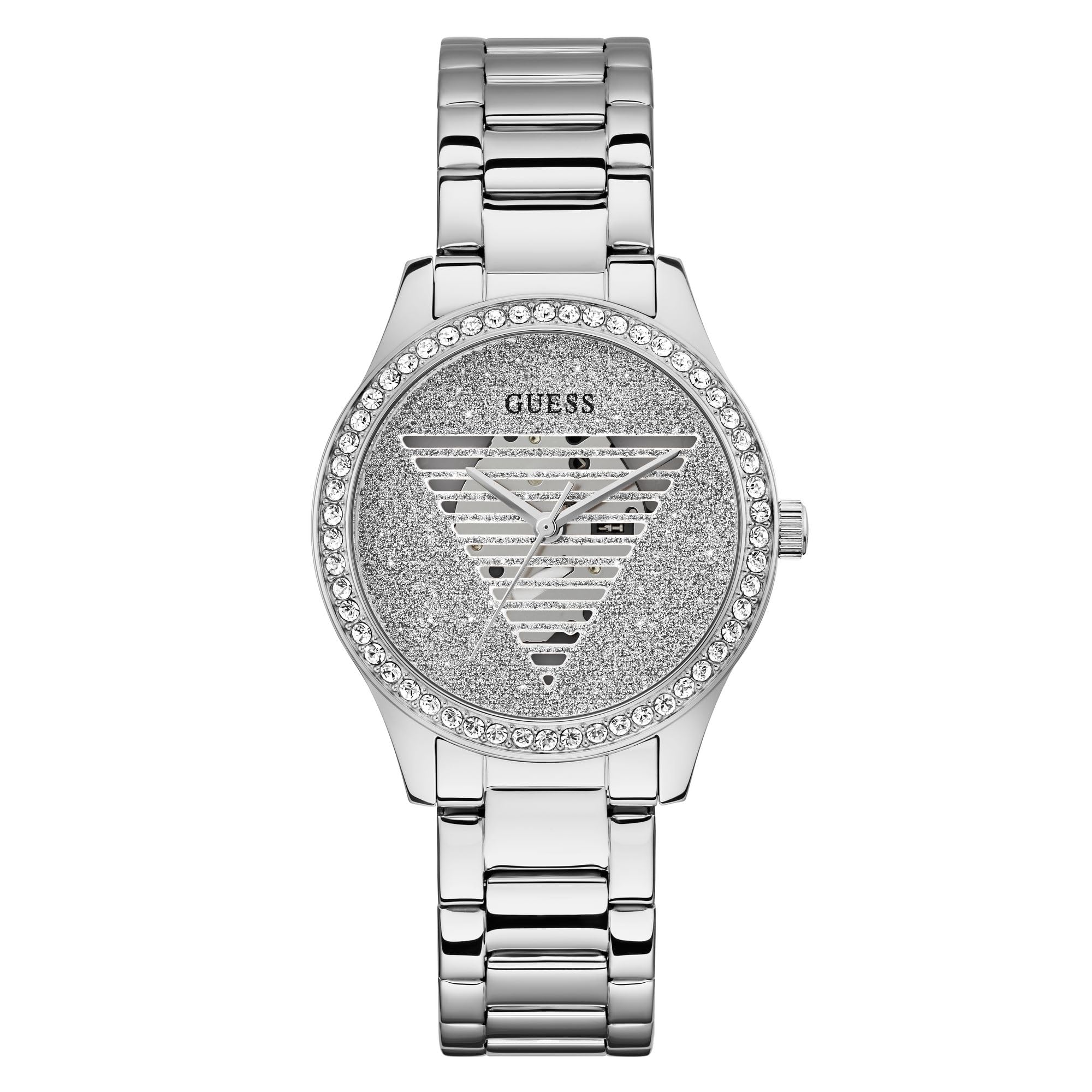 Foto 2 pulgar | Pulsera Watch Guess Para Mujer En Tono Plateado De 38 Mm Con Esfera Plateada - Venta Internacional.