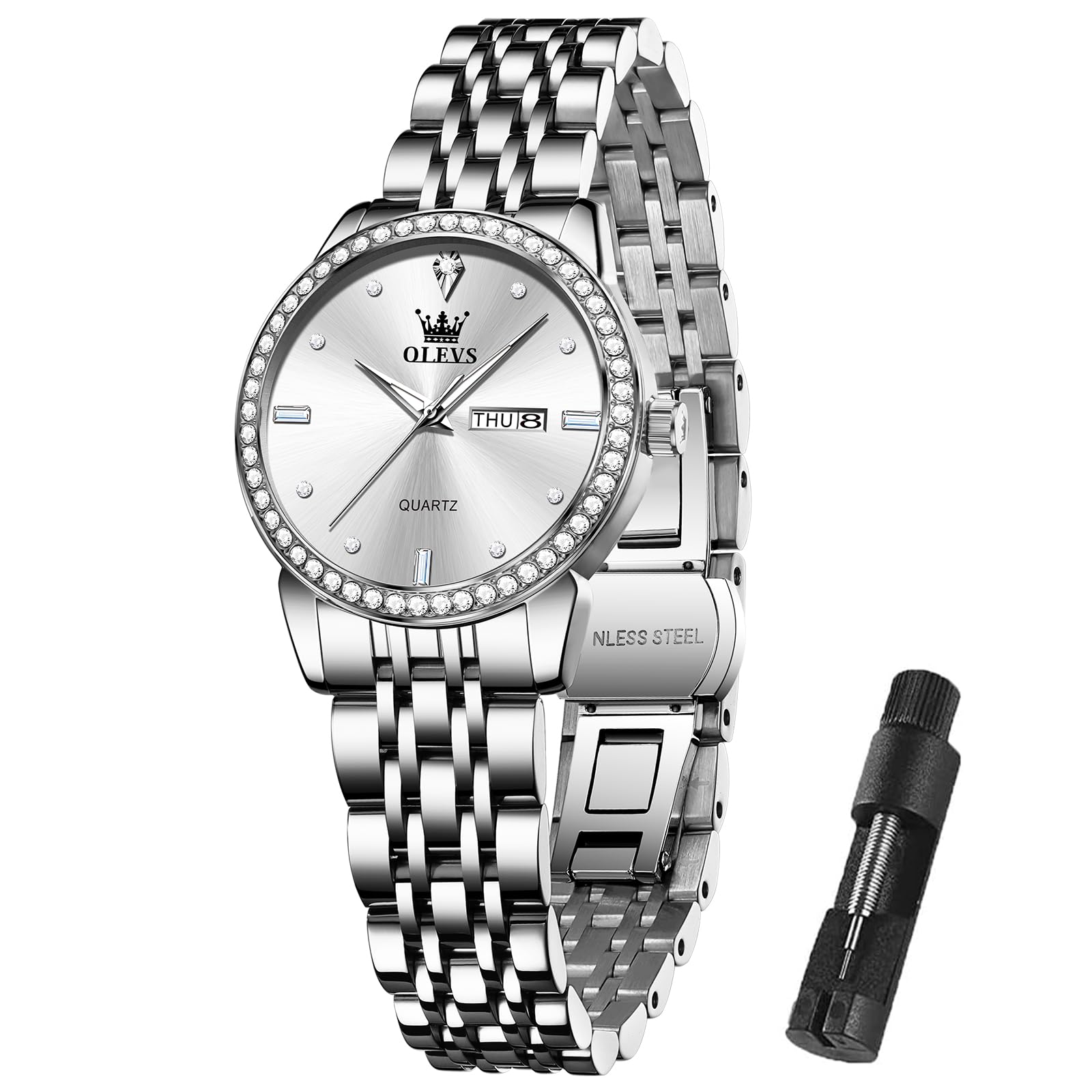 Foto 2 pulgar | Reloj Olevs Classic Para Mujer De Acero Inoxidable Con Diamante Plateado - Venta Internacional.