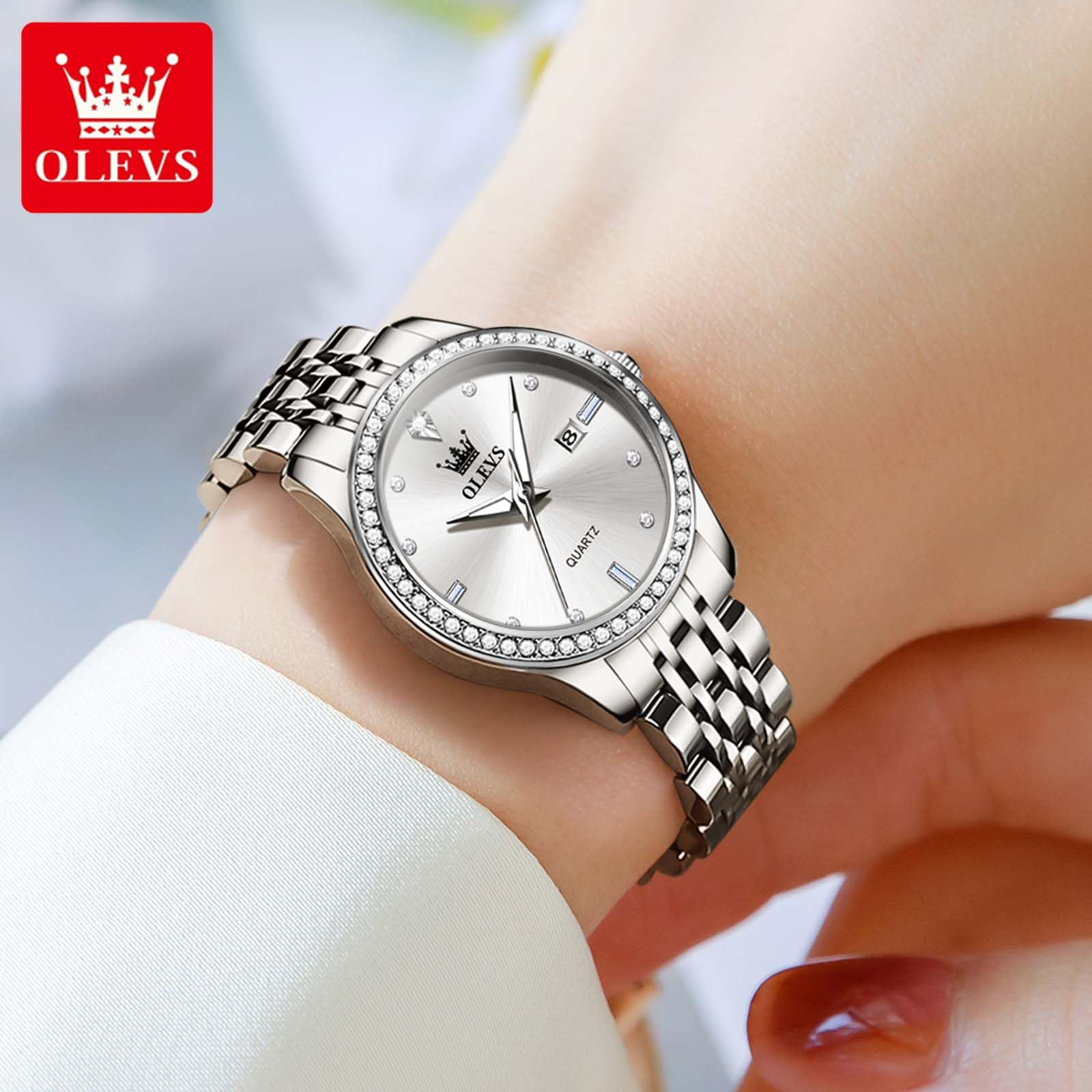 Foto 3 pulgar | Reloj Olevs Classic Para Mujer De Acero Inoxidable Con Diamante Plateado - Venta Internacional.