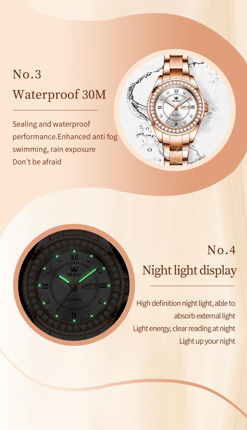 Foto 6 pulgar | Reloj Olevs Rose Gold Para Mujer Con Diamantes A Prueba De Agua - Venta Internacional.