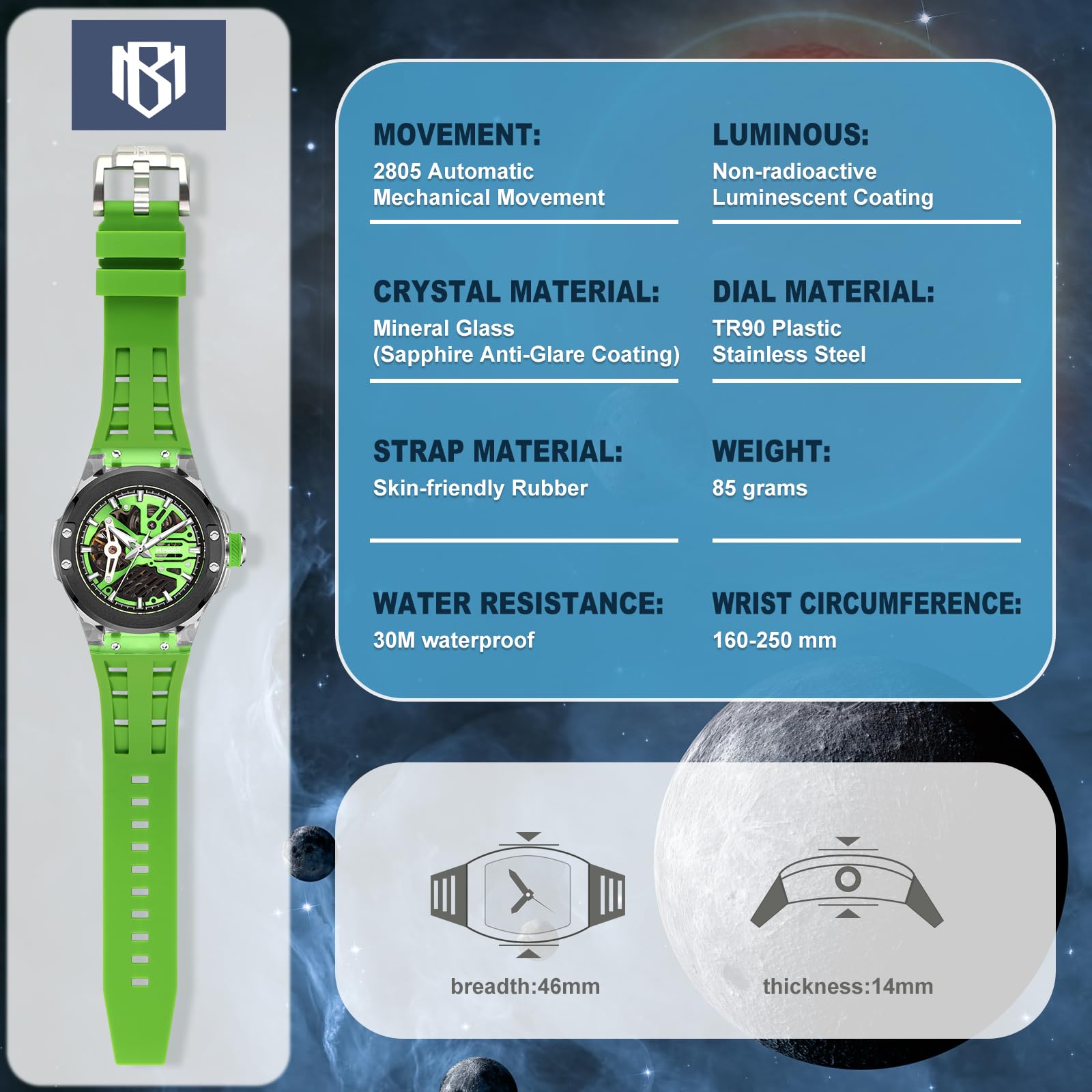 Foto 3 pulgar | Reloj Minber Skeleton Automático Con Esfera De 46 Mm, 3 Atm, Impermeable Para Hombre - Venta Internacional.