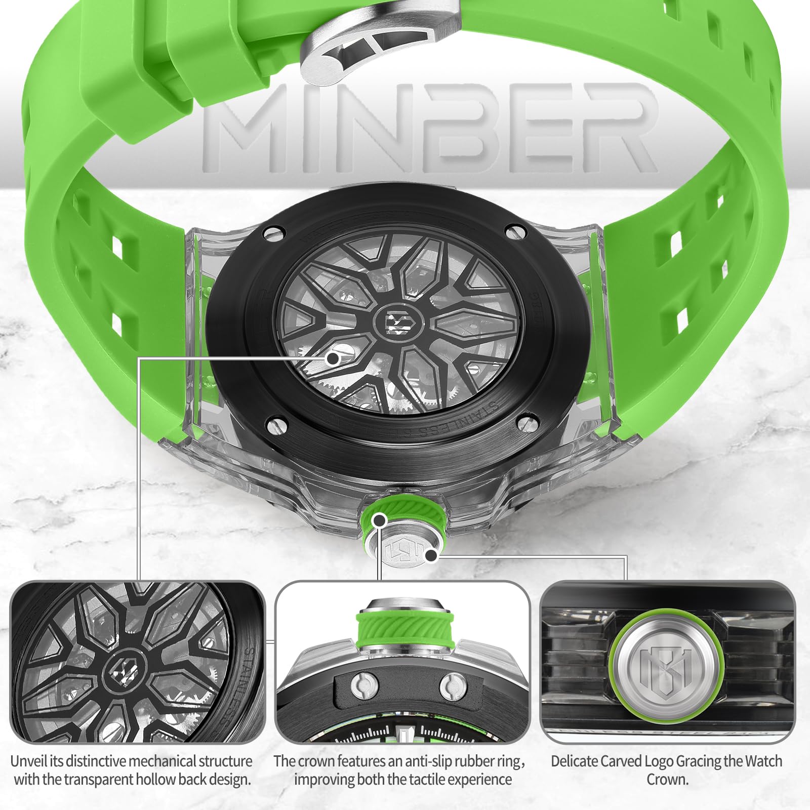 Foto 7 pulgar | Reloj Minber Skeleton Automático Con Esfera De 46 Mm, 3 Atm, Impermeable Para Hombre - Venta Internacional.