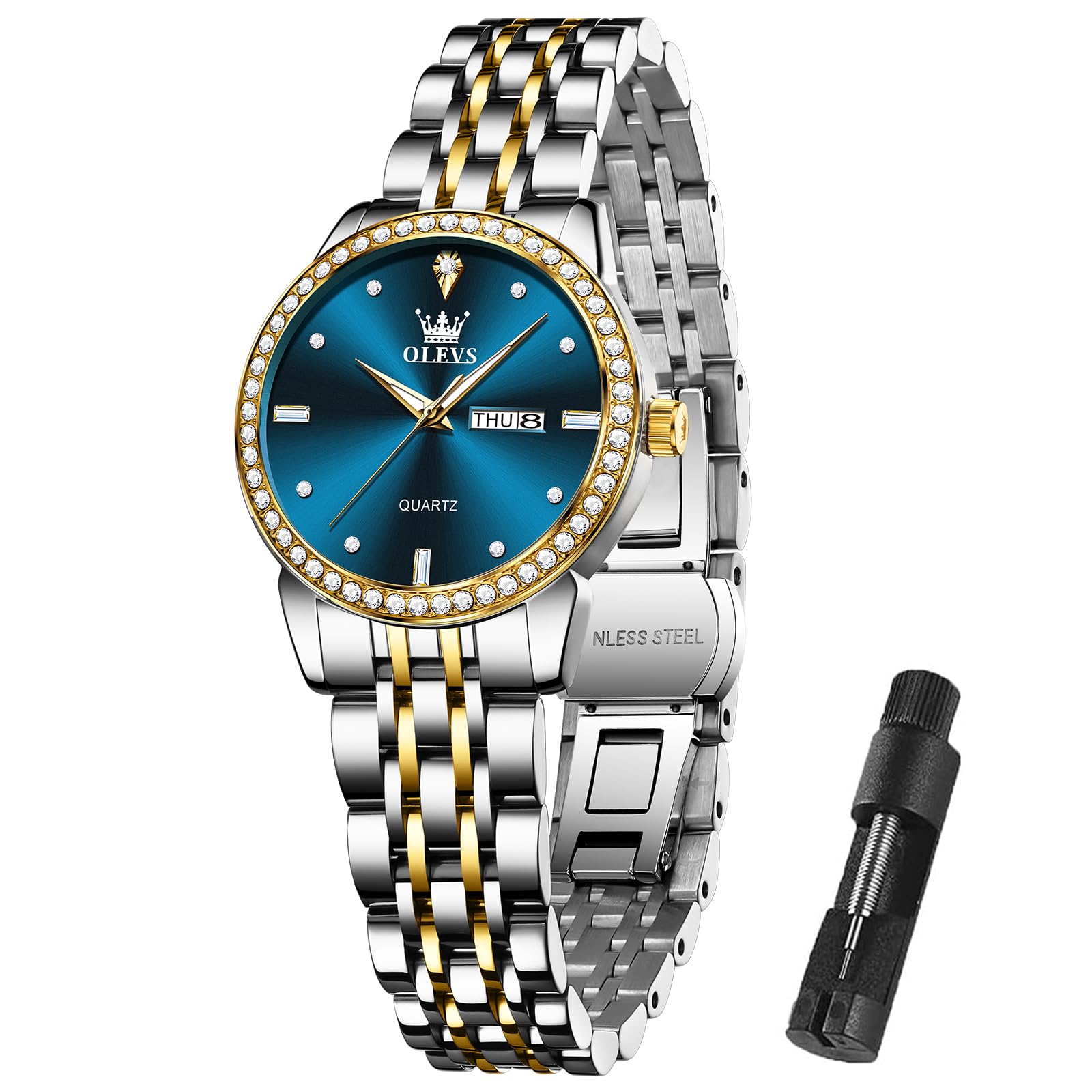 Foto 2 pulgar | Reloj Olevs de Acero Inoxidable Impermeable con Esfera de Diamante Azul para Mujer - Venta Internacional