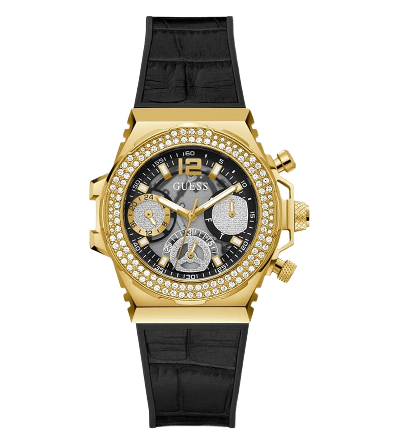 Foto 2 pulgar | Reloj Guess Correa Negra de 36 mm Esfera Negra Caja Dorada para Mujer - Venta Internacional