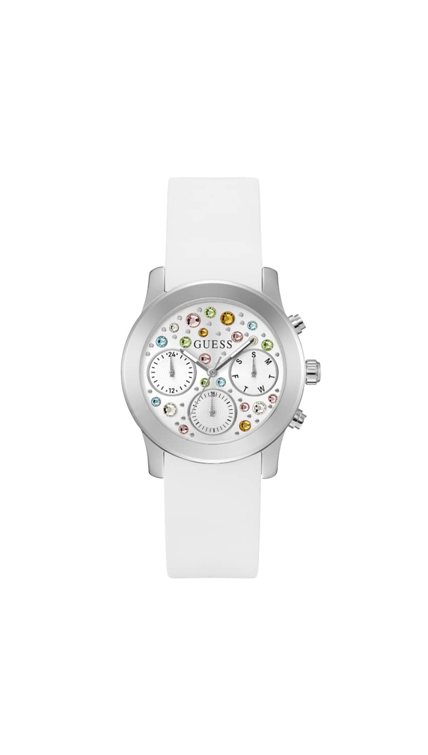 Foto 2 pulgar | Reloj Guess Para Mujer Con Correa De Silicona Blanca De 38 Mm Y Funda Plateada - Venta Internacional.