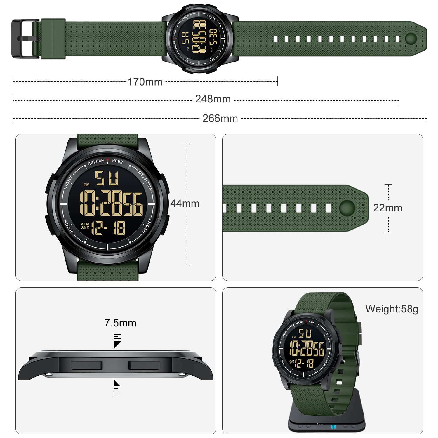 Foto 5 pulgar | Reloj Digital Golden Hour, Ultradelgado E Impermeable, Color Verde Militar - Venta Internacional.