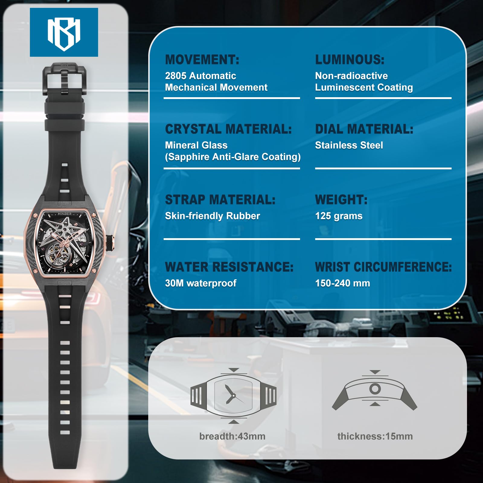 Foto 3 pulgar | Reloj Minber Skeleton Automático de 43 mm Dorado  para Hombre - Venta Internacional