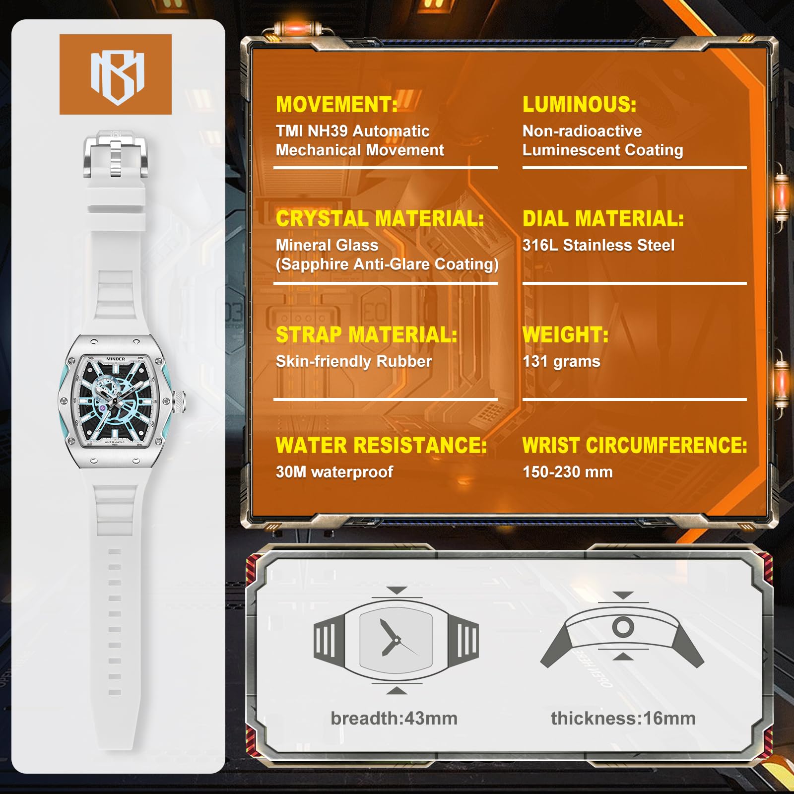 Foto 3 pulgar | Reloj Minber Skeleton Automatic 43 Mm 3atm Impermeable Para Hombre - Venta Internacional.