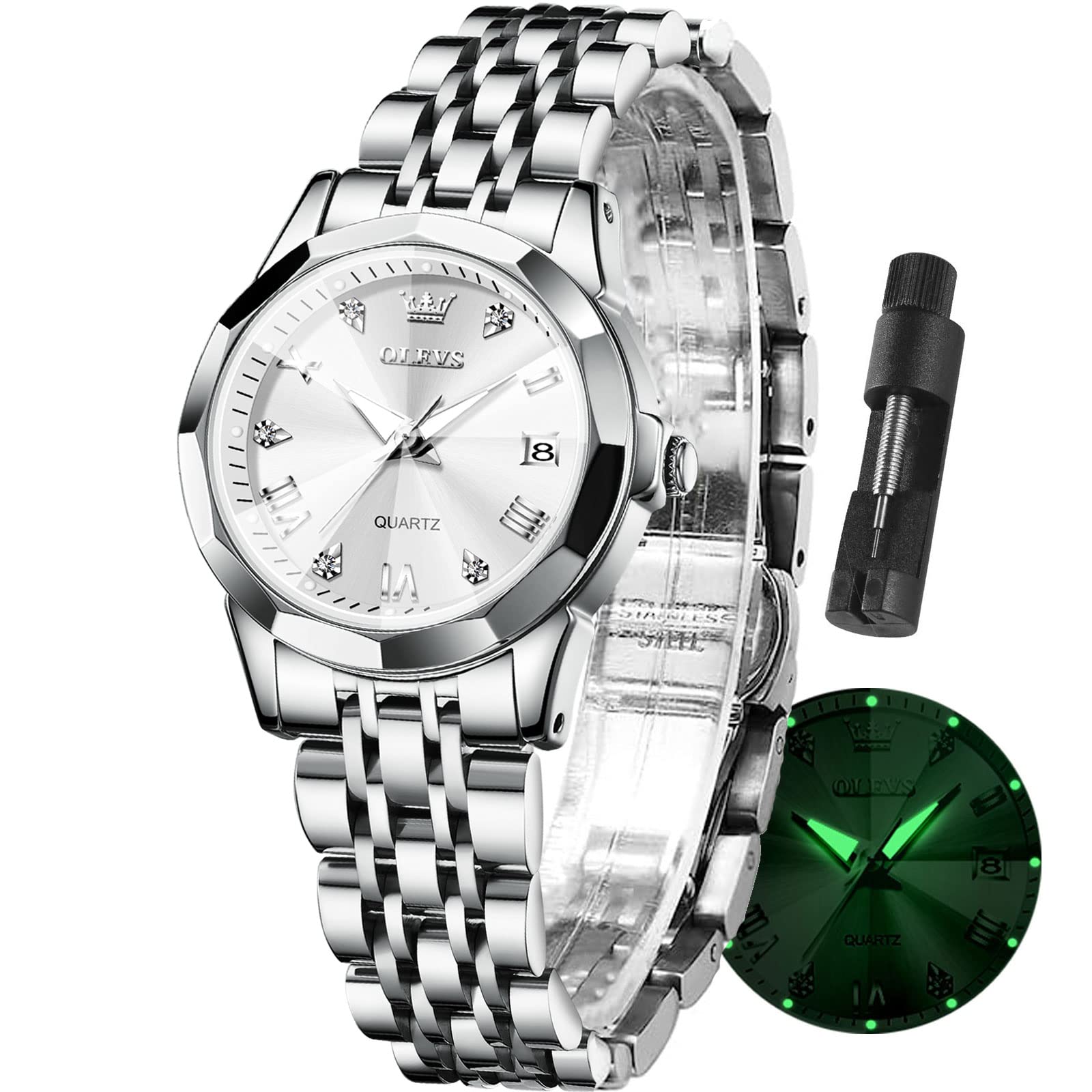 Reloj Olevs De Acero Inoxidable Plateado Para Mujer Con Fecha De Diamante - Venta Internacional.