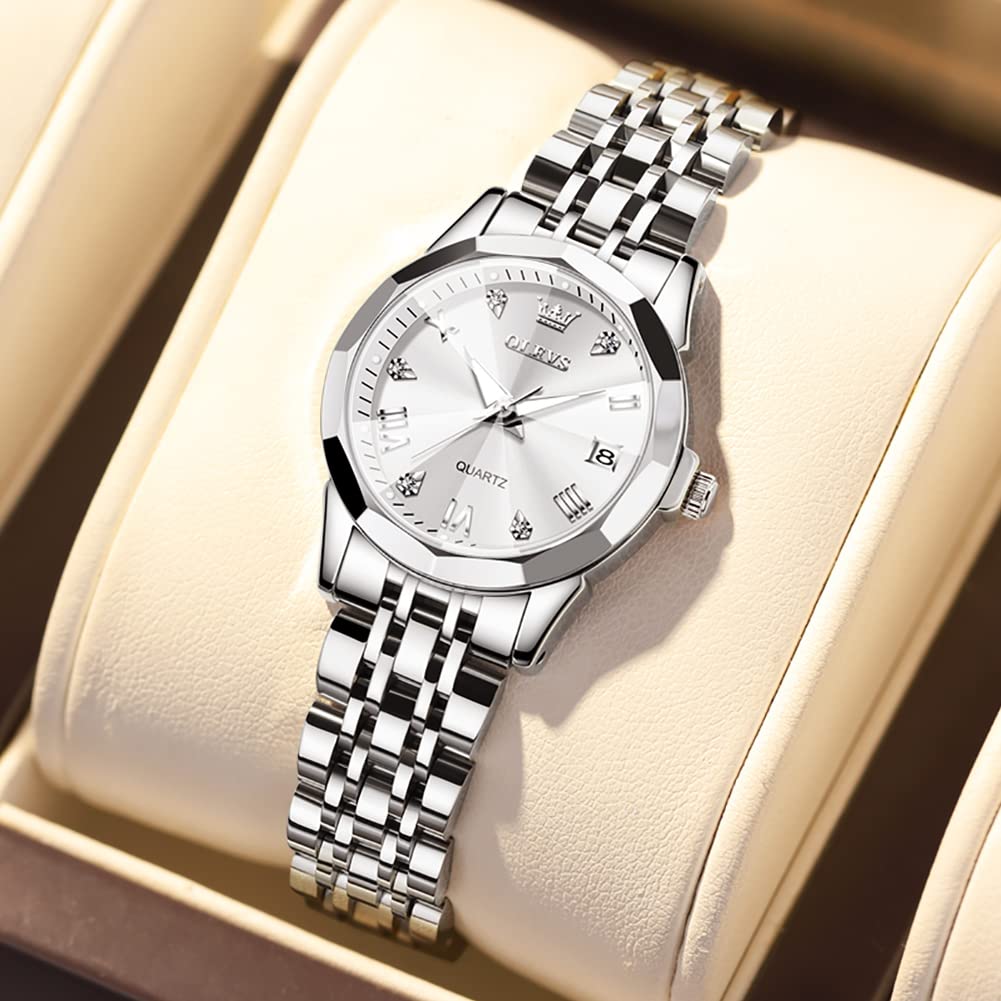 Foto 4 pulgar | Reloj Olevs De Acero Inoxidable Plateado Para Mujer Con Fecha De Diamante - Venta Internacional.