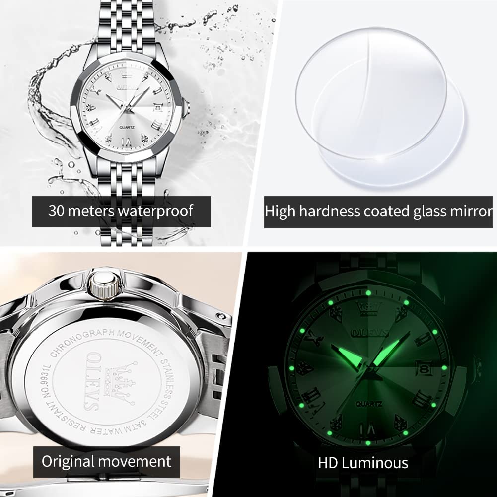 Foto 5 pulgar | Reloj Olevs De Acero Inoxidable Plateado Para Mujer Con Fecha De Diamante - Venta Internacional.