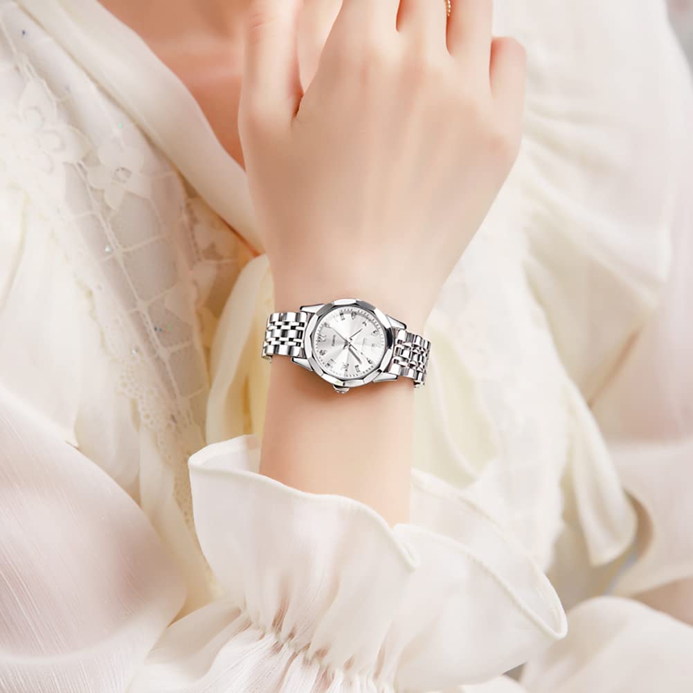 Foto 8 pulgar | Reloj Olevs De Acero Inoxidable Plateado Para Mujer Con Fecha De Diamante - Venta Internacional.