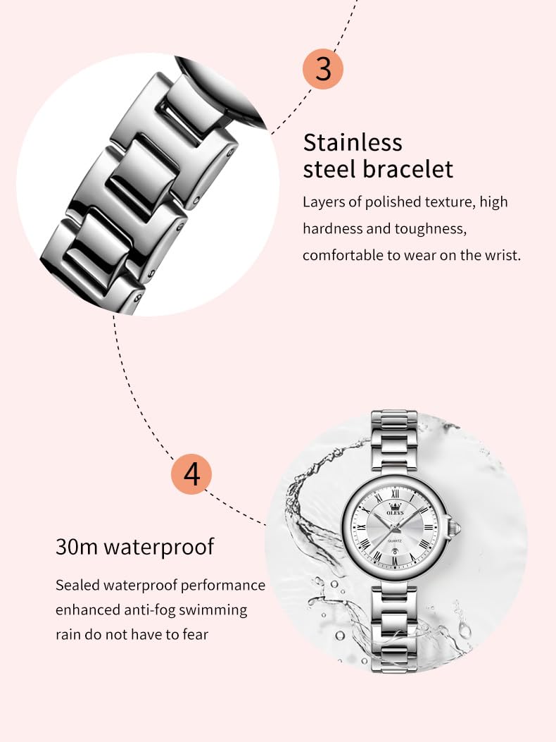 Foto 6 pulgar | Reloj Olevs, Vestido De Negocios Plateado Para Mujer, De Acero Inoxidable - Venta Internacional.