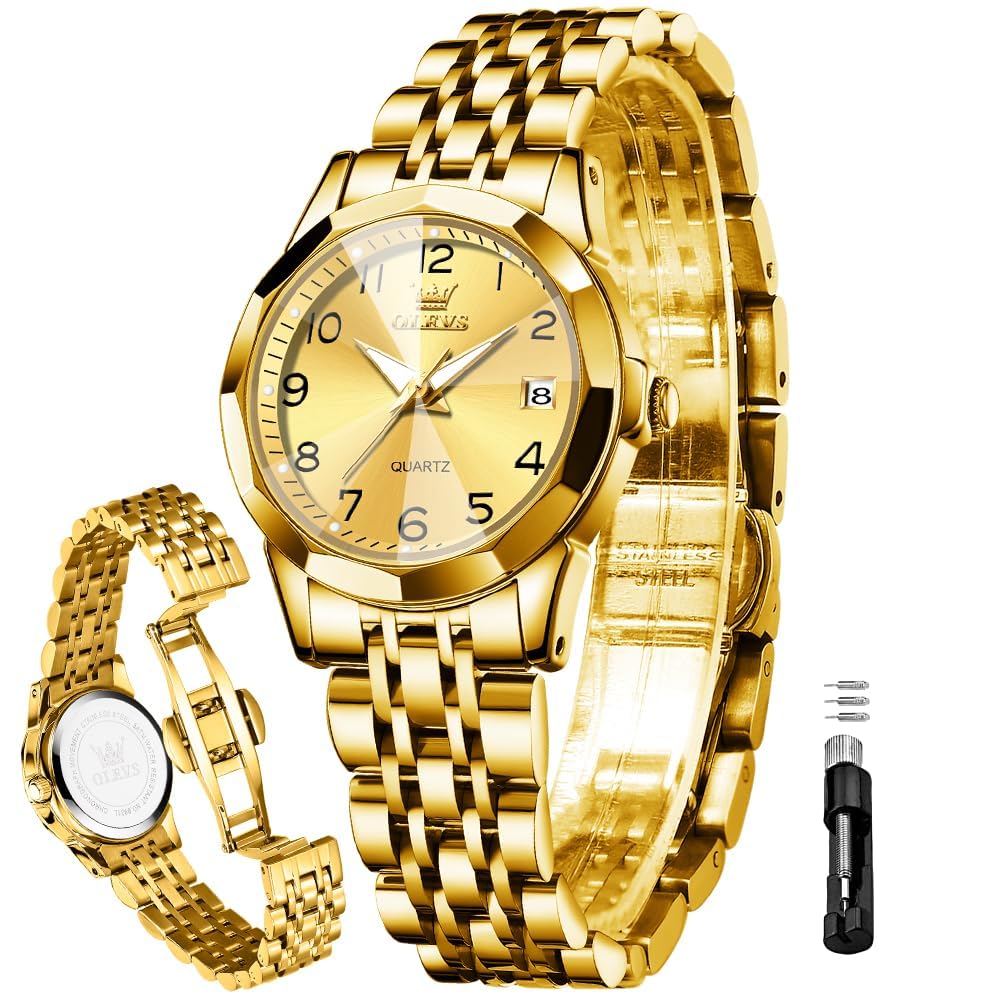 Reloj Olevs Para Mujer, Acero Inoxidable, Dorado Y Plateado, Resistente Al Agua - Venta Internacional.