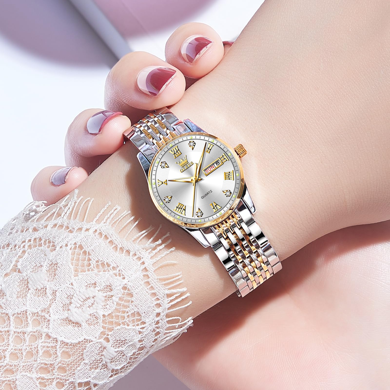 Foto 3 pulgar | Reloj Olevs Small Face Para Mujer, Acero Inoxidable Plateado Y Dorado - Venta Internacional.