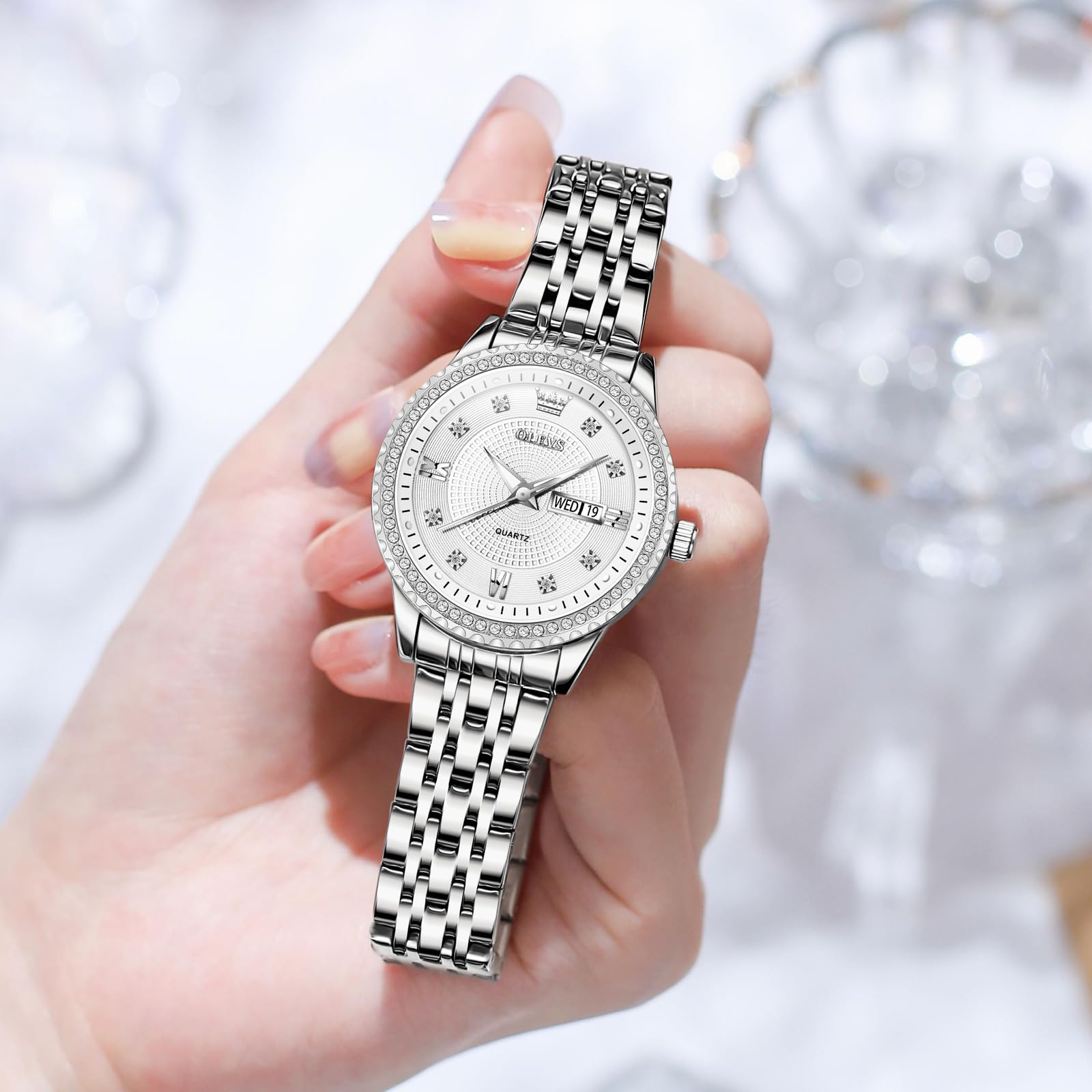 Foto 8 pulgar | Reloj Olevs Para Mujer, Acero Inoxidable Plateado, Resistente Al Agua - Venta Internacional.