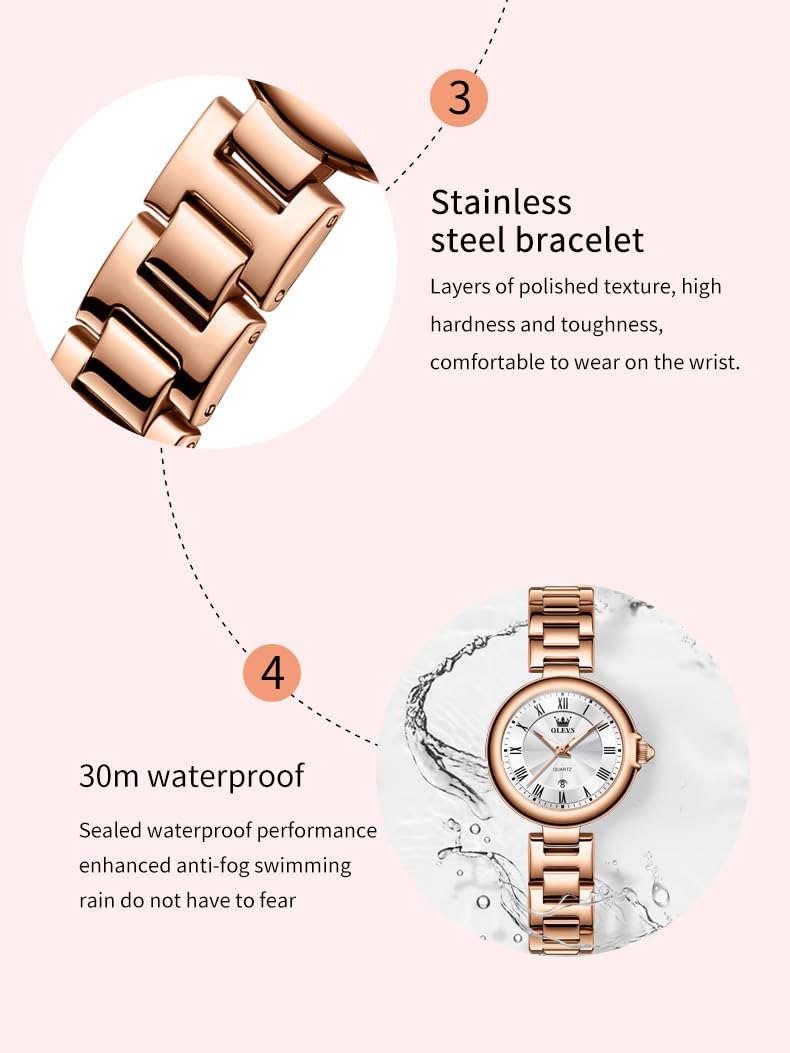 Foto 6 pulgar | Reloj Olevs Vestido Clásico De Oro Rosa Para Mujer Con Fecha Impermeable - Venta Internacional.