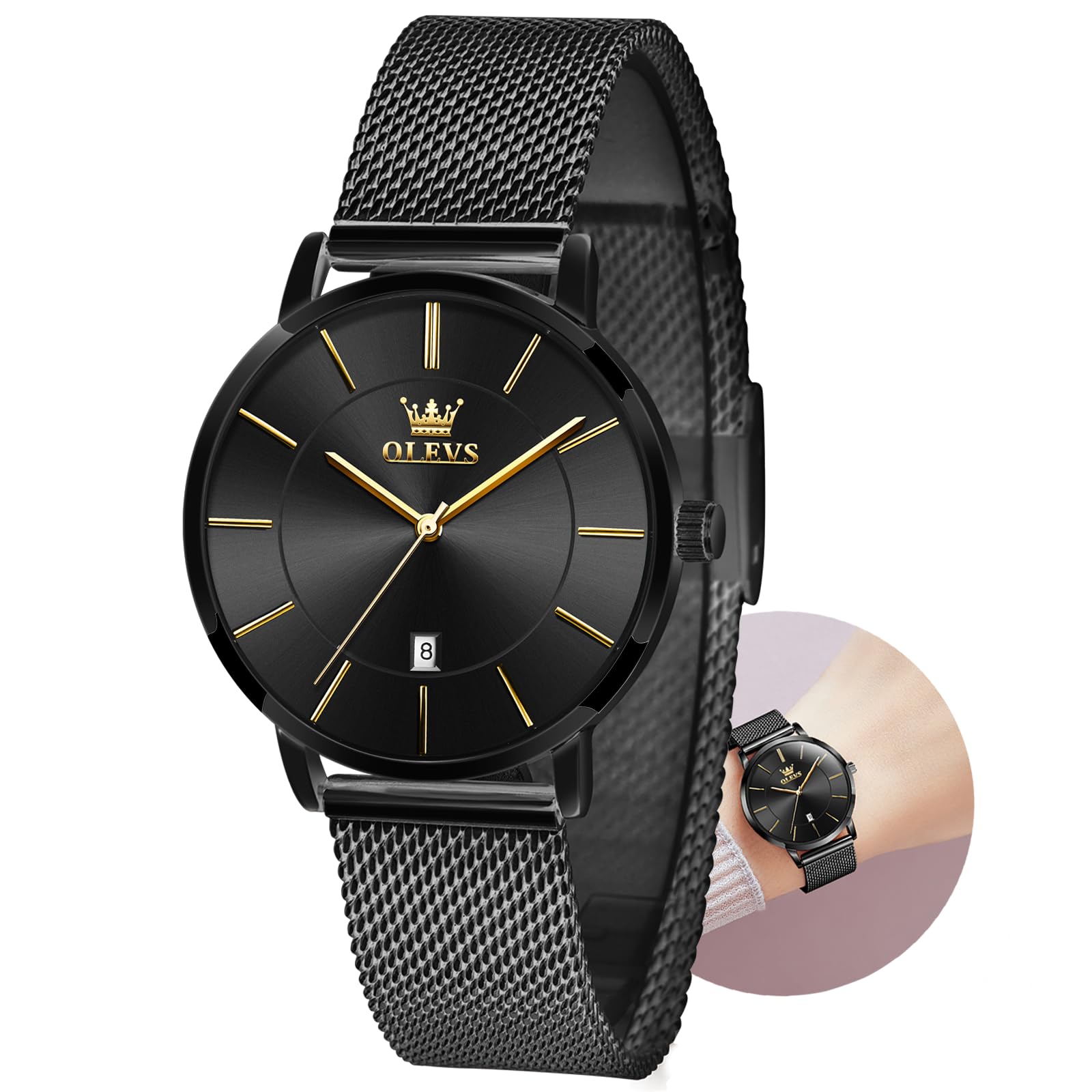 Reloj Olevs De Malla Negra De Acero Inoxidable Para Mujer Con Fecha - Venta Internacional.